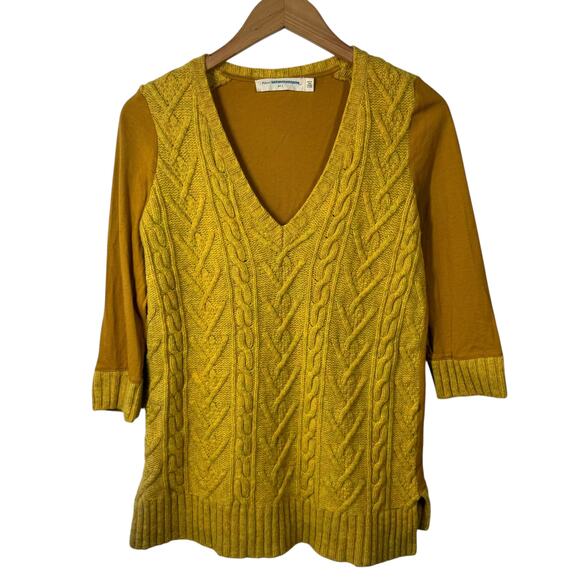 Anthropologie Pilcro Top L Yellow Cable Sweater Dually Clad Pullover Knit V-Neck - Picture 1 of 7